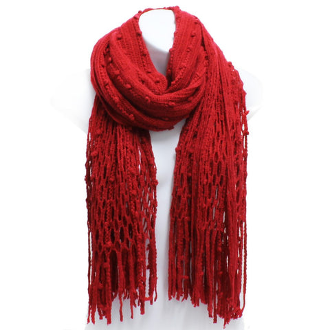 Burgundy Red Winter Knit Fish Net Weave Oblong Scarf with Fringe