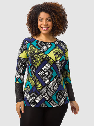 Geo Print Top With Faux Leather Trim