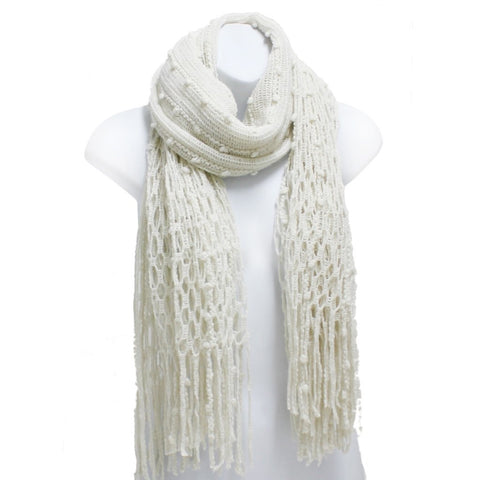 Fish Net Weave Oblong Scarf with Fringe in Off White